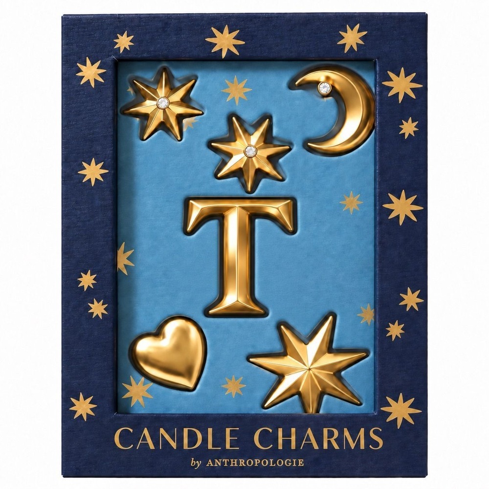 Anthropologie T Monogram Celestial Candle Charms Gold Moon Stars Heart Set NWT